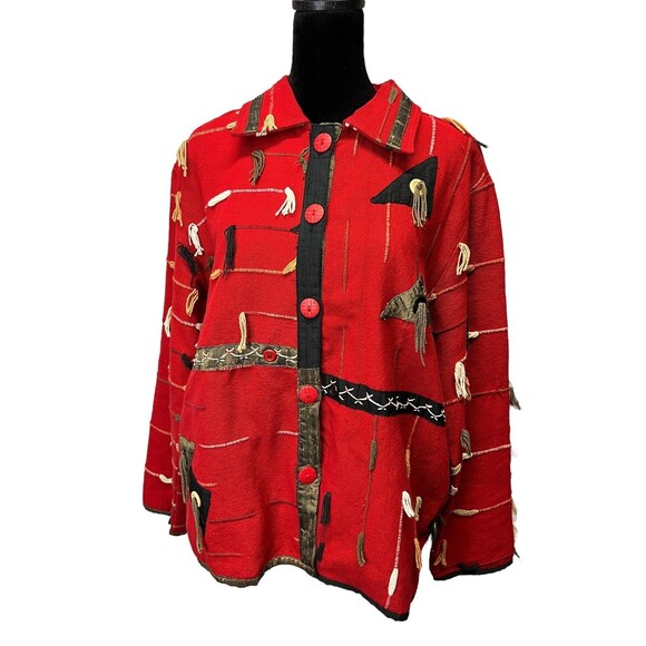 90s Orvis Cotton Tapestry Funky Artsy Jacket Red Tribal Button Up Women’s Large - Picture 2 of 15